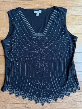 Art Deco Beaded Sequin Tank Top Black Petite Large USA